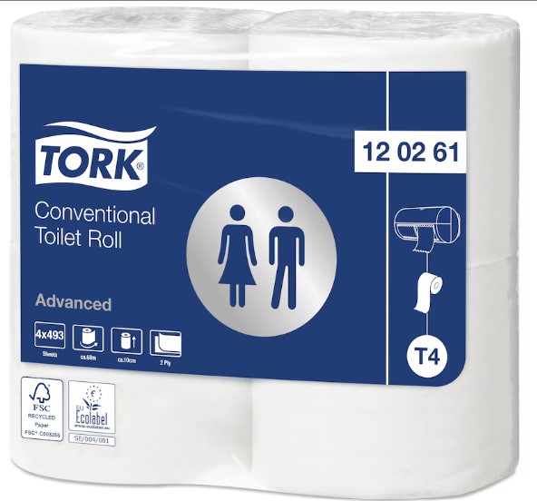 [27856] Ekstra langt toiletpapir, 2-lags, 61,6m, Advanced, T4, Tork 120261, (24 ruller)