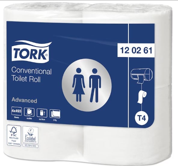 Ekstra langt toiletpapir, 2-lags, 61,6m, Advanced, T4, Tork 120261, (24 ruller)