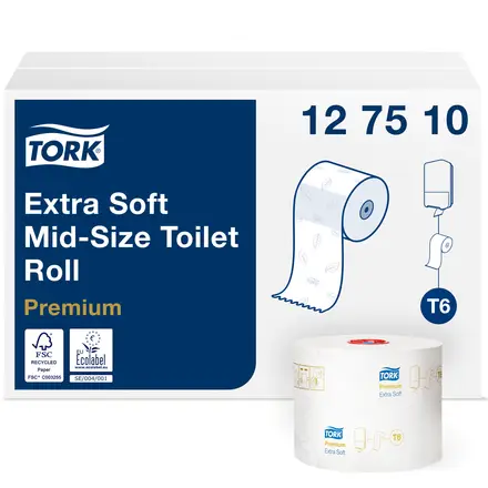 Ekstra blødt toiletpapir, 3-lags, Mid-Size, 70m x 9,9cm, Ø13,2cm, Premium, T6, Tork 127510, (27 stk.)