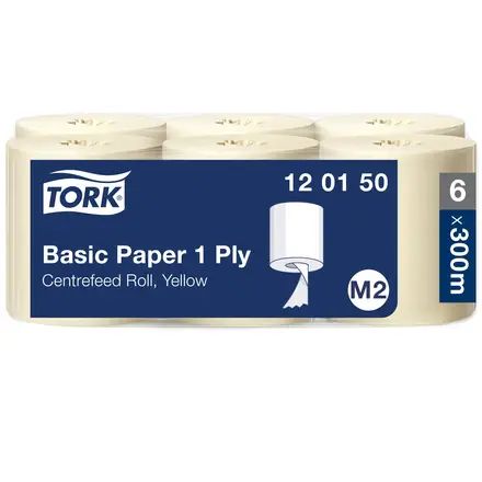 Aftørringspapir, Basic, 1-lag, gul, 300m, Universal, M2, 120150, Tork, (6 stk.)