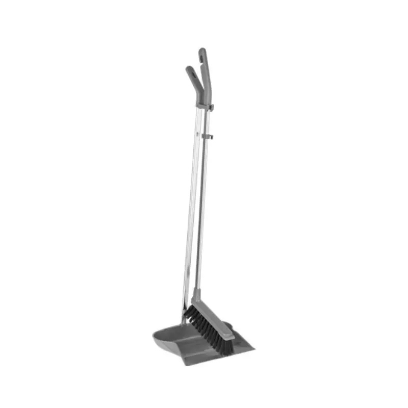 Langskaftet fejebakke, grå, metal/PP, med kost, 985 mm, Vikan 559518, (1 stk.)
