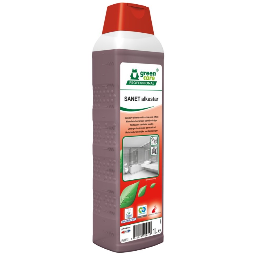 [28374] Sanitetsrengøring, Green Care Professional SANET Alkastar, 1 l, alkalisk/affedtende, med farve og parfume, (1 stk.)