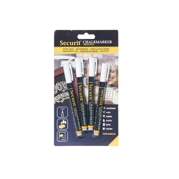 [28399] Kridttuscher med rund spids: 1-2 mm skrivebredde, Securit Original, flydende kridt, flere farver, (sæt á 4 stk.) (Hvid)