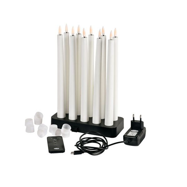 LED kronelys, genopladelige, varm hvid, 23x278mm, DUNI, 10 lys + oplader, (1 sæt.)
