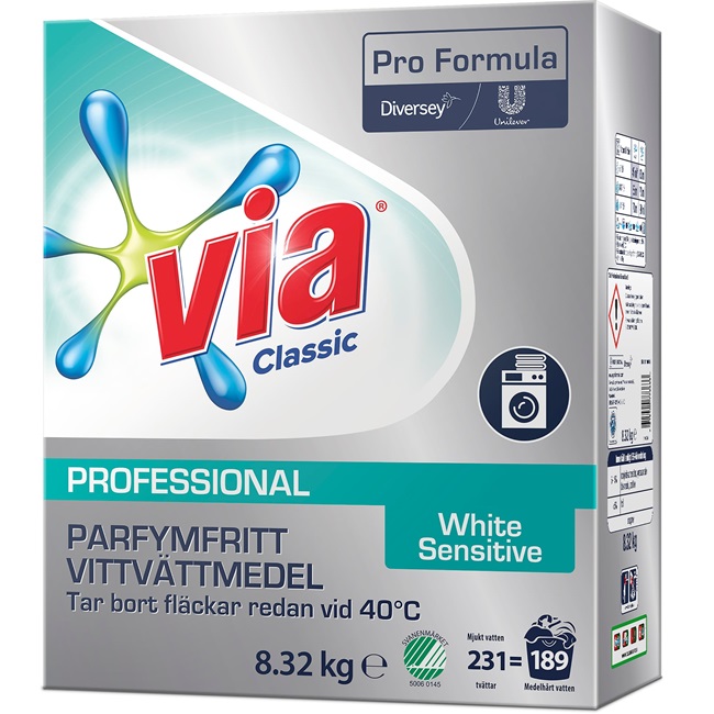 [30058] Vaskepulver t/hvidt, (sensitiv), Via Pro Formula White Sensitive S, 8.32kg, (1 stk.)