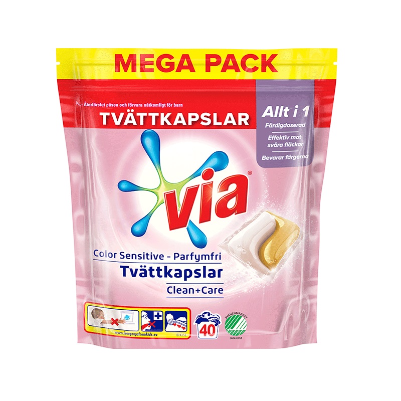 Vaskekapsler t/farve, (sensitiv), Via Color Sensitive, 4x40stk, (1 stk.)