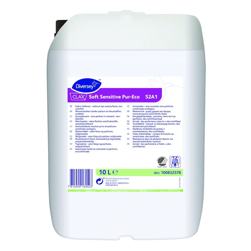 [30080] Skyllemiddel uden farve og parfume, Diversey Clax Soft Sensitive Pur-Eco 52A1, 10L, (1 stk.)