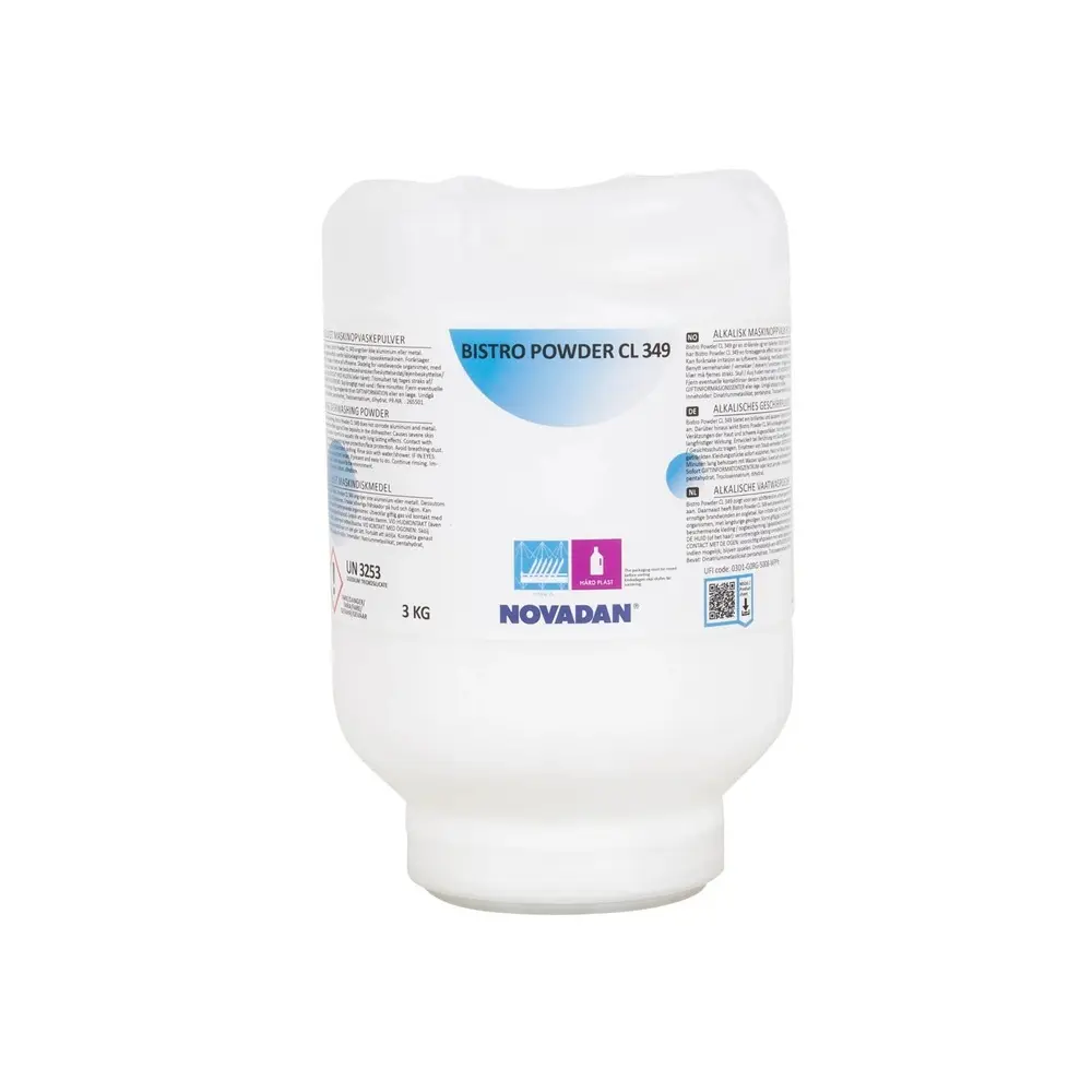 [11121] Maskinopvask, Novadan Bistro Powder CL 349, alusikker, med klor, uden farve og parfume, 3 kg, (3 stk.)