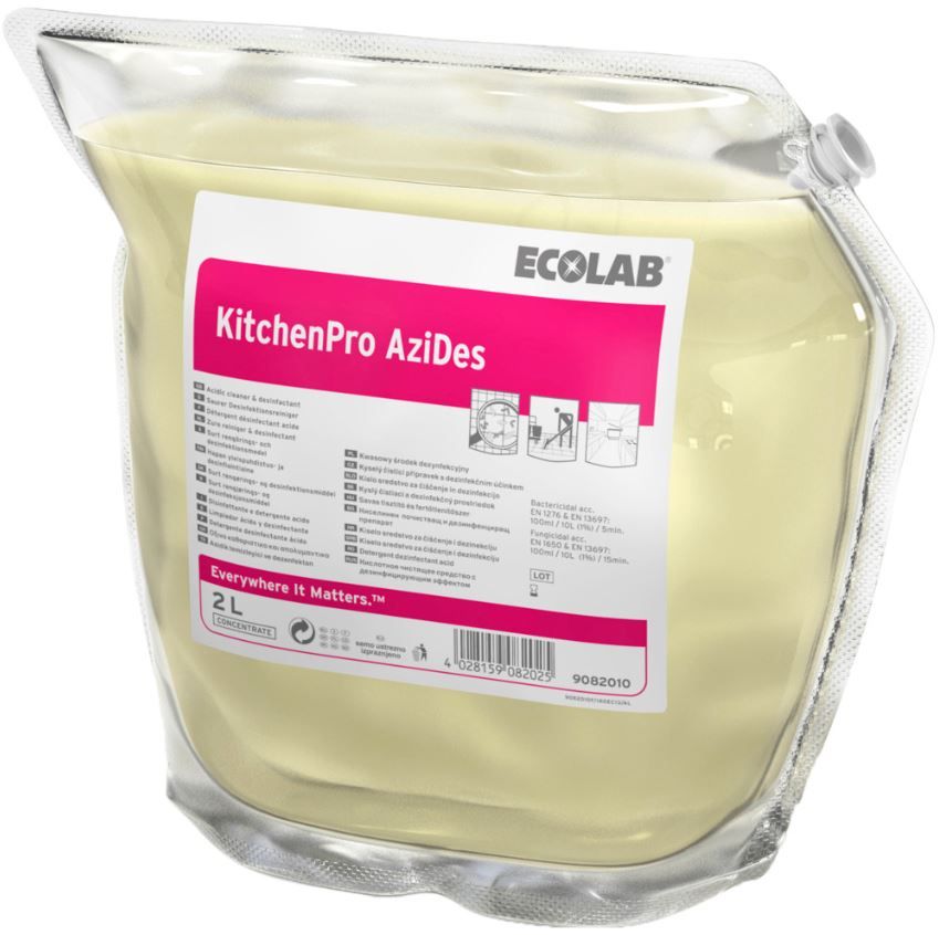 Rengørings- og desinfektionsmiddel, Ecolab KitchenPro Azides, 2 l, uden klor, farve og parfume, (1 stk.)