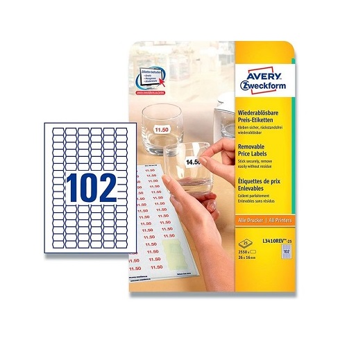 Prisetiket, 2,6x1,6cm, Avery, hvid, aftagelige, alle printere, (1 pakke á 2550 etikketter.)
