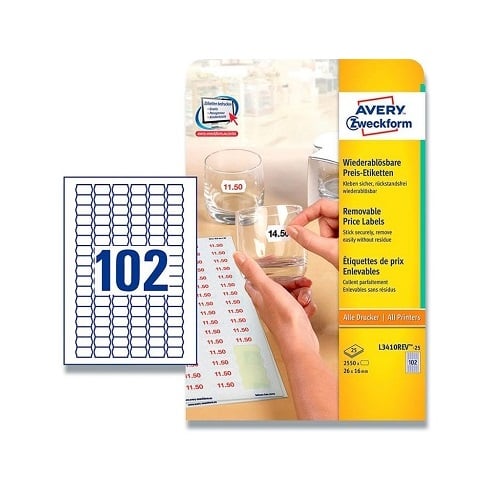 [11134] Prisetiket, 2,6x1,6cm, Avery, hvid, aftagelige, alle printere, (1 pakke á 2550 etikketter.)