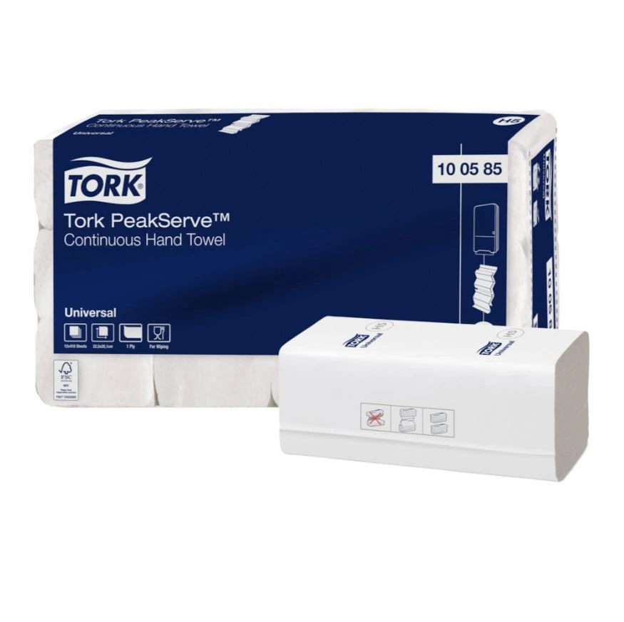 [32124] Håndklædeark, H5, 1-lags, 22,5x20,1cm, Z-fold, 7,5cm, hvid, nyfiber, Tork Peakserve Continuous 100585, (12 x 410 ark, 4920 ark.)