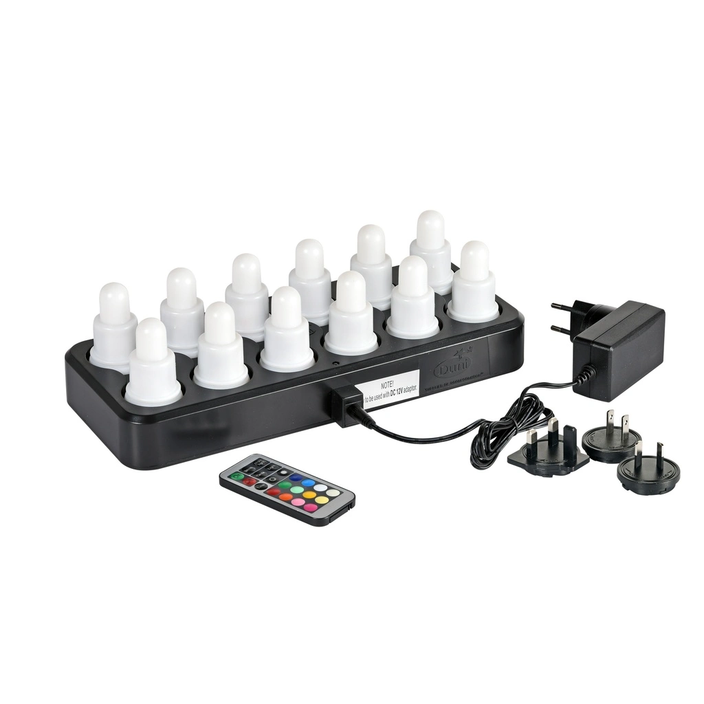 Genopladelige LED lys, Duni, 7x4cm, 13 timer, Multicolor m. varm hvid, med oplader og fjernbetjening, Duni, (1 sæt á 12 stk.)