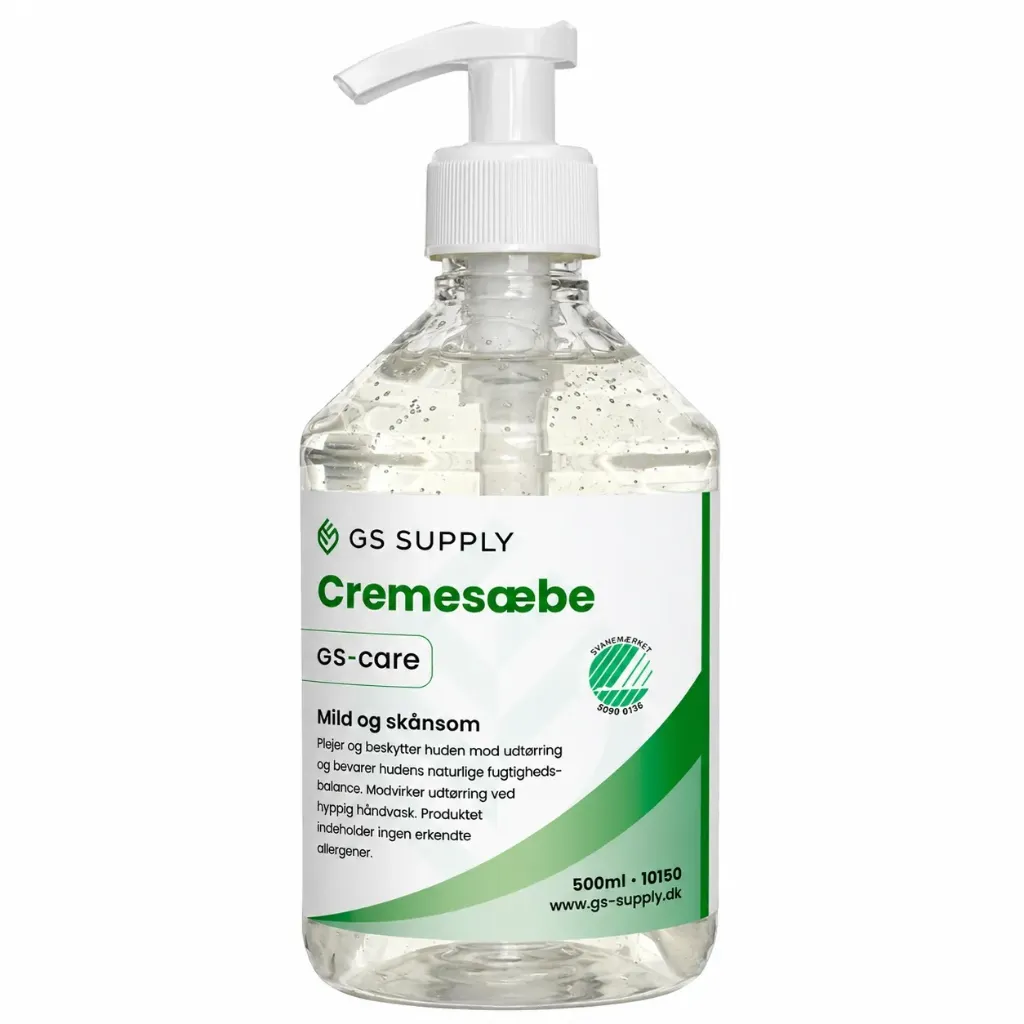 [10150] Håndsæbe, GS-Care, Cremesæbe Natur, Svanemærket, uden farve og parfume, 500-ml, (1 stk.)