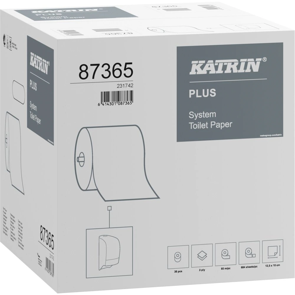 Toiletpapir, 87365 Katrin Plus, 2-lags, 85,5m x 10cm , Ø13,5cm, hvid, nyfiber, (36 stk.)