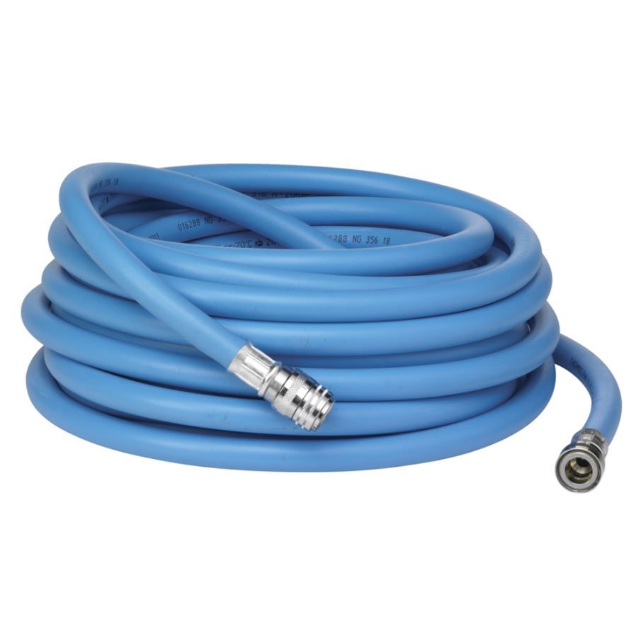 Slange, Nito, blå, forkromet messing/PVC, til varmt vand, 15 m, tilhørende 10820, (1 stk.)
