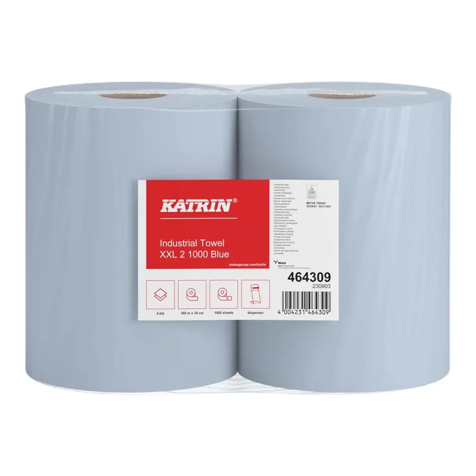 [32385] Aftørringsrulle til industri, 2-lag, Ø29 cm, 38 cm x 360 m, blå, mix, 464309 Katrin XXL, (2 stk.)
