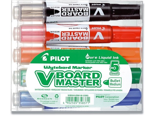 Whiteboard marker/Tusch, Pilot WB, rund spids, sort, rød, grøn, blå, orange, 2,3mm, (5 stk.)