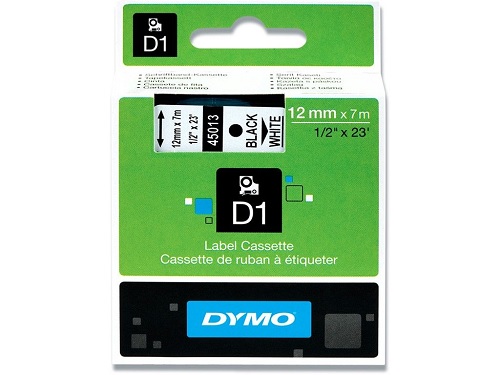 [11237] D1 Labeltape til dymo, tape 12mm x 7 meter, Sort på hvid, 45013, (1 stk.)