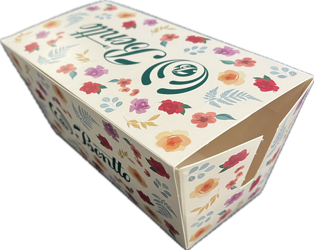 Bentto, Take away boks, 150x60x80mm, hvid/brun, med perforering til spyd, med lak, (225 styk). 