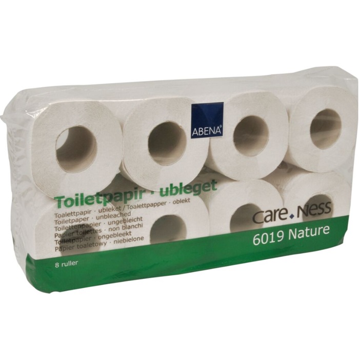 Toiletpapir, Care-Ness Basic, 2-lags, 31,25m x 9,6cm , Ø11,5cm, ubleget, genanvendt papir, (56 ruller)