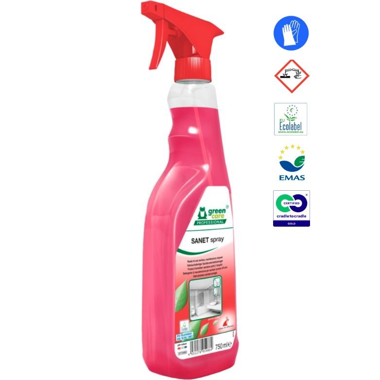 Sanitetsrengøring, Green Care Professional SANET Spray, 750 ml, klar-til-brug, sur/afkalkende, med farve og parfume (1 stk.)