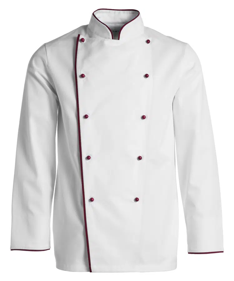 [36299] Kokkejakke med piping, hvid m. bordeaux pipe, 65/35% PES/CO, Kentaur, fra XS til 2XL (1 stk.) (XS)