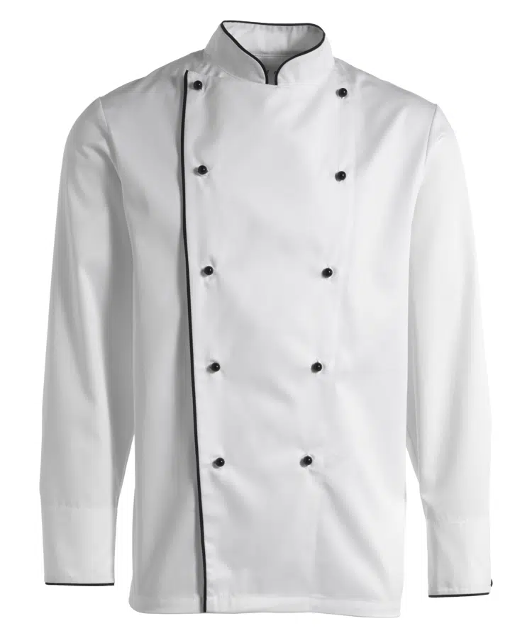 Kokkejakke med piping, hvid m. sort piping, 65/35% PES/CO, Kentaur, fra XS til 2XL (1 stk.)