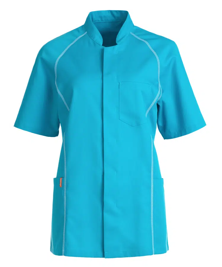Unisex skjorte, turkis m. hvid flatlock, 50/50% CLY/rPES, Kentaur, fra 2XS til 2XL (1 stk.)