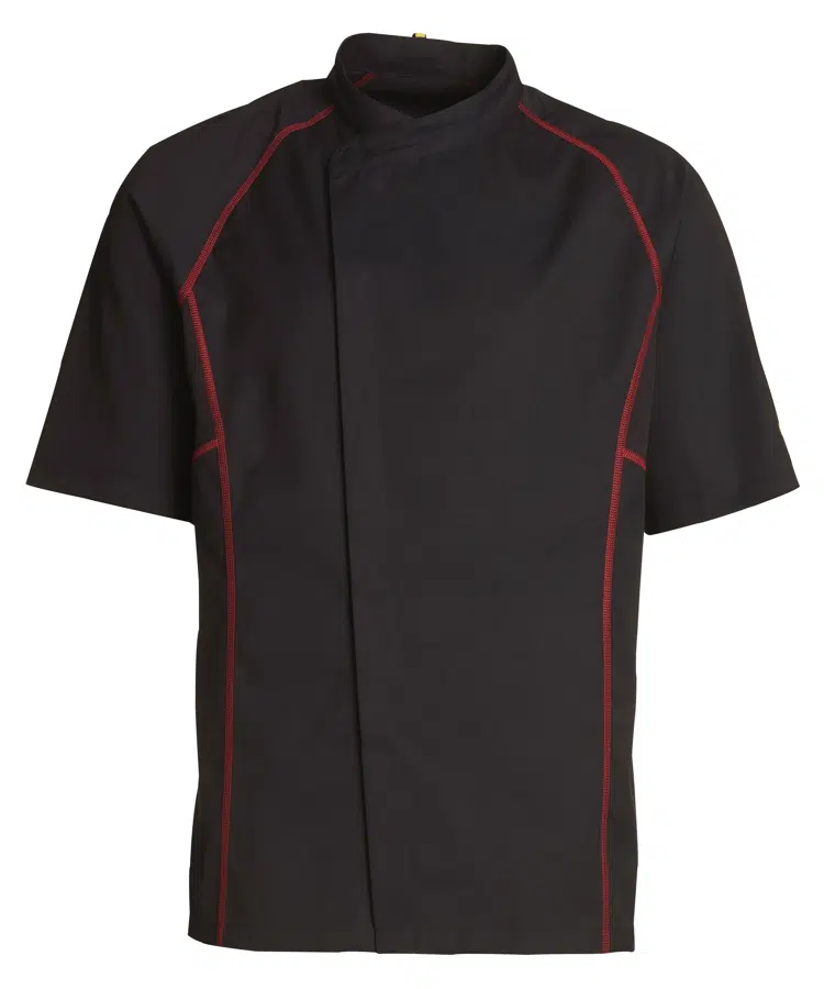 Unisex kokke-/tjenerjakke, sort m. rød flatlock, 65/35% rPES/CO, Kentaur, fra 2XS til 2XL (1 stk.)