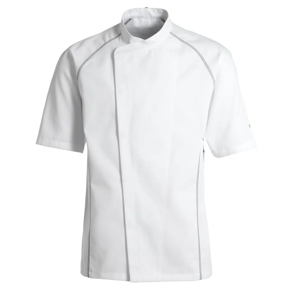 Unisex kokke-/tjenerjakke, hvid m. grå flatlock, 65/35% rPES/CO, Kentaur, fra 2XS til 2XL (1 stk.)