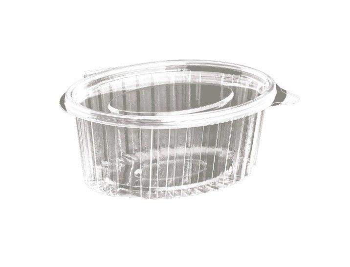 [11654] Plastbæger, 750 ml, 14,5x19x6 cm, Oval, Hængslet låg, RPET, Klar, (400 stk.)