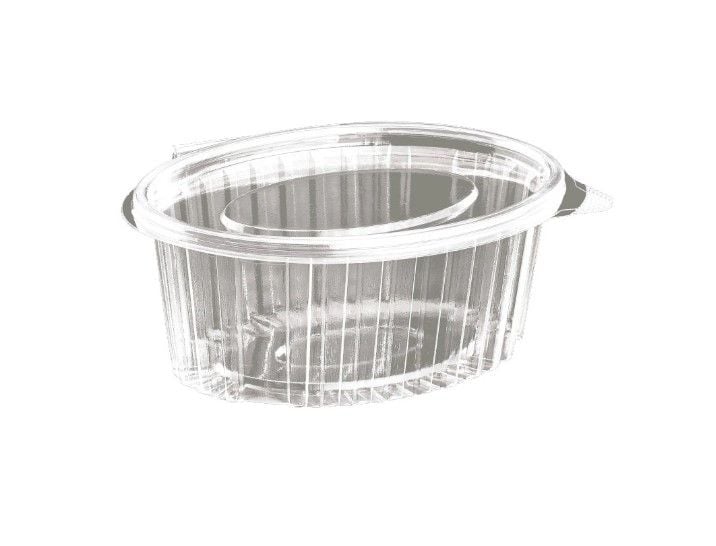 Plastbæger, 750 ml, 14,5x19x6 cm, Oval, Hængslet låg, RPET, Klar, (400 stk.)