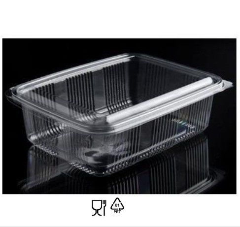 Plastbæger, 1500 ml, 14x19,5x7,0cm, firkantet, hængslet, låg, RPET, Klar, (400 stk.)
