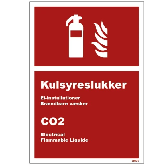 Brandskilt, kulsyreslukker, CO2, dansk/engelsk, A5, plastik, (1 stk.)
