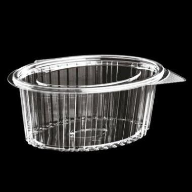 Plastbæger m. hængslet låg, 1000 ml, 14,5x19x8,2cm, Oval, RPET, Klar, (400 stk.)