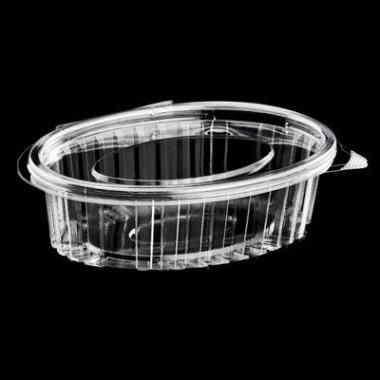 Plastbæger m. hængslet låg, 150 ml, 11,2x14,5x2,6 cm, Oval, RPET, Klar, (800 stk.)