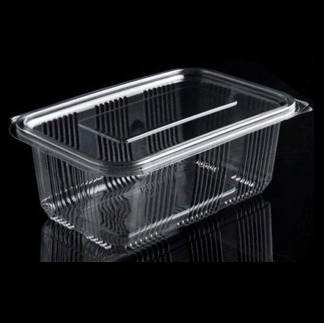 Plastbæger m. hængslet låg, 1000 ml, 9,7x16,5x7 cm, firkantet, RPET, Klar, (600 stk.)
