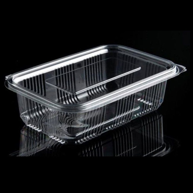 Plastbæger m. hængslet låg, 750 ml, 9,7x16,5x5,5 cm, firkantet, RPET, Klar, (600 stk.)
