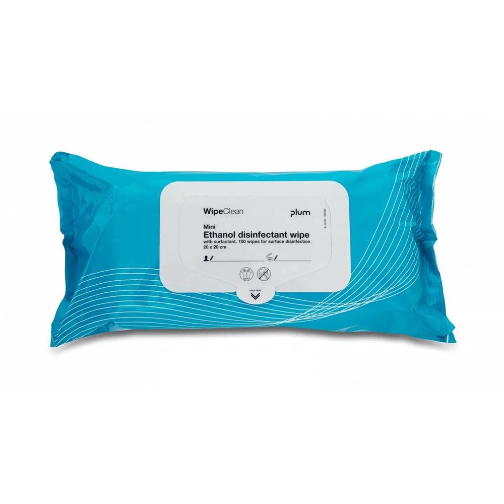 [39028] Overfladedesinfektion, Plum 5261, WipeClean, 80% ethanol m/tensid, mini, 100 servietter, (1 stk.)