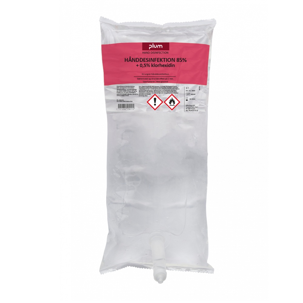 Hånddesinfektion, kirurgisk, Plum 3866, 85%+0,5% Klorhex., 1L pose, (1 stk.)