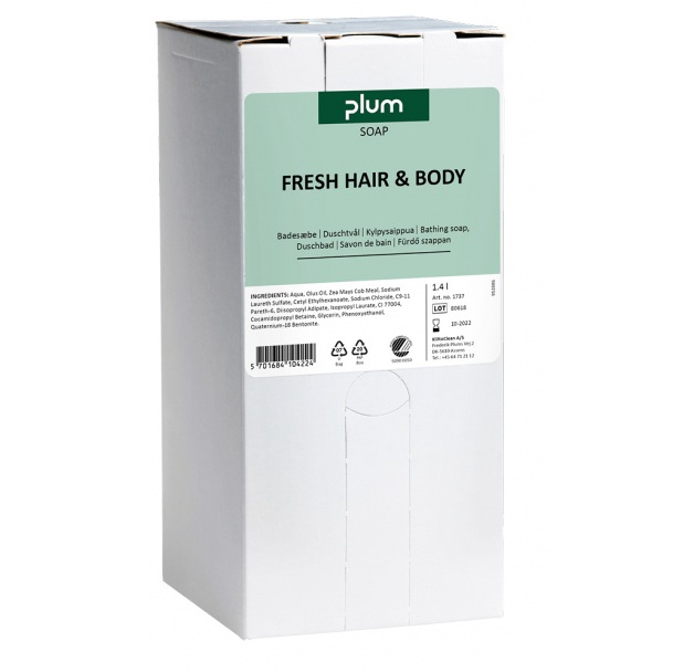 [39044] Badesæbe, hår & krop, Plum, Fresh Hair & Body, 1,4L Bag-in-box MP, svanemærket, (1 stk.)