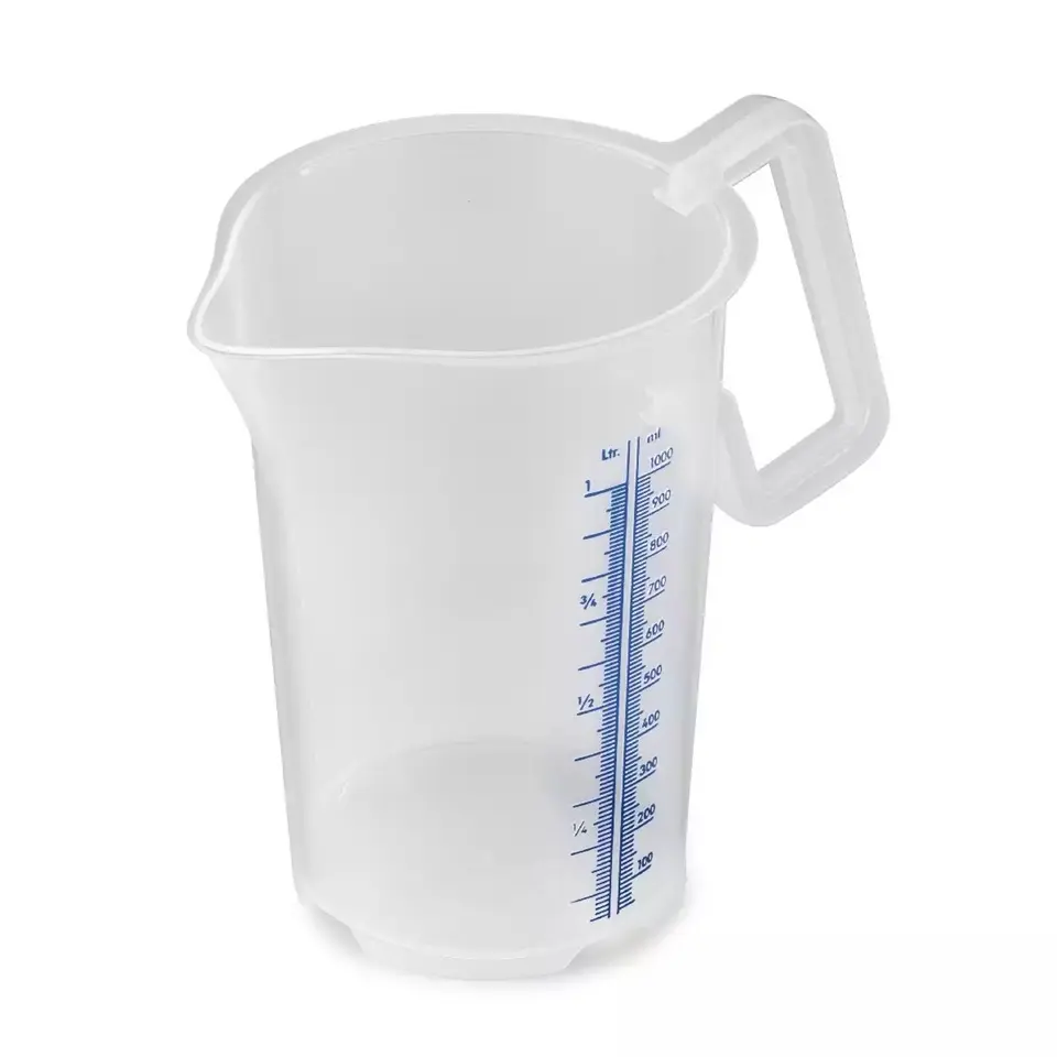 [40243] Målebæger med lukket håndtag, 1000 ml, blå skala ltr/ml, Thermohauser, (1 stk.)
