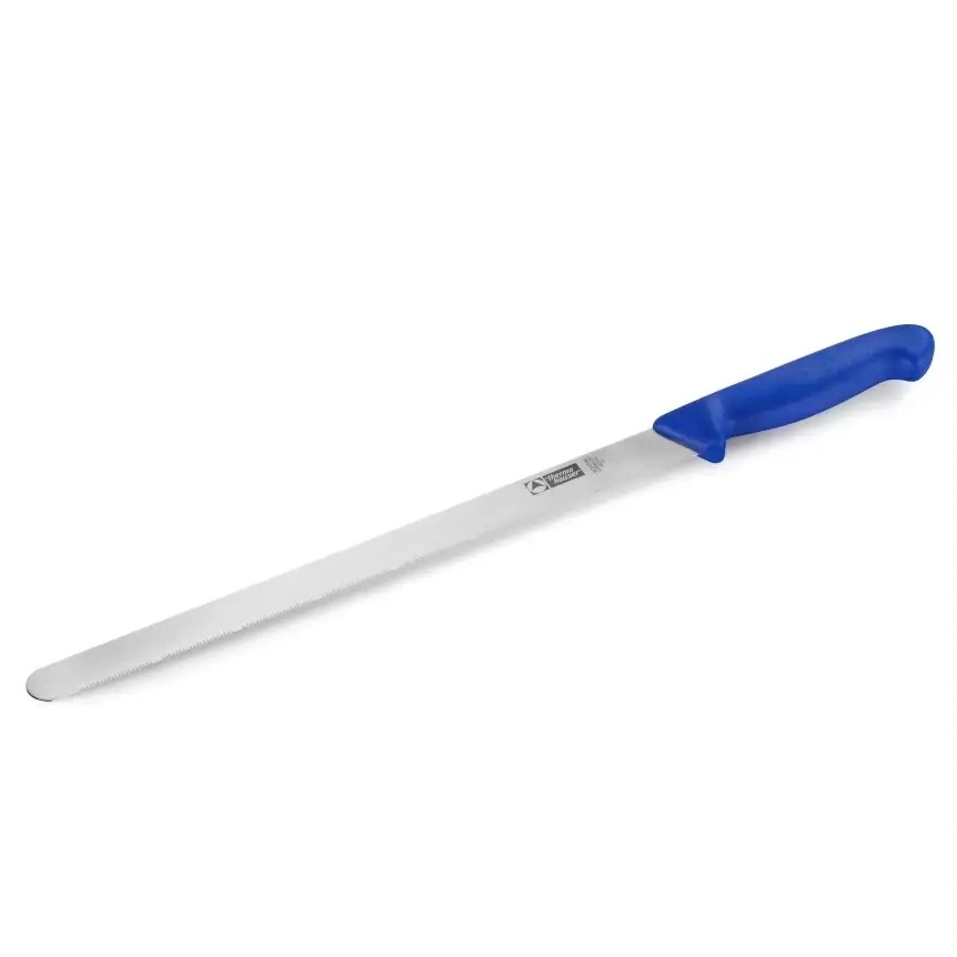 [40263] Konditorkniv, 26cm, rustfrit stål, fin-savtakket på én side, blåt plastgreb, Thermohauser, (1 stk.)