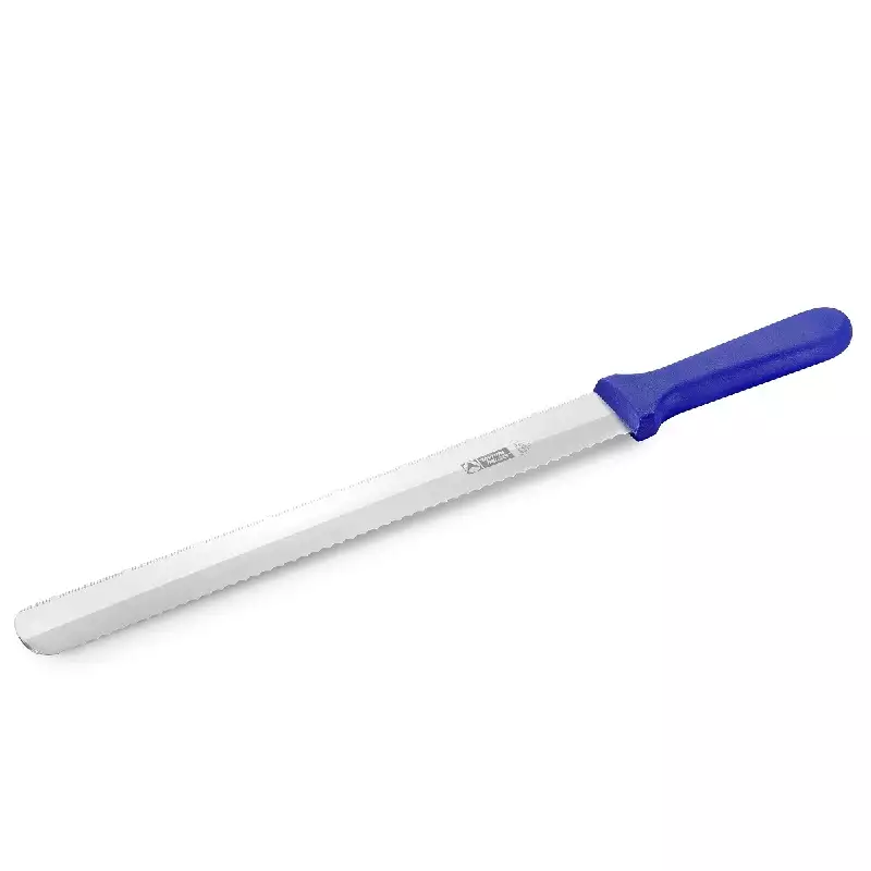 Bagerkniv, 36 cm, rustfrit stål, dobbeltsidet savtakket slibning, blåt plastgreb, Thermohauser, (1 stk.)