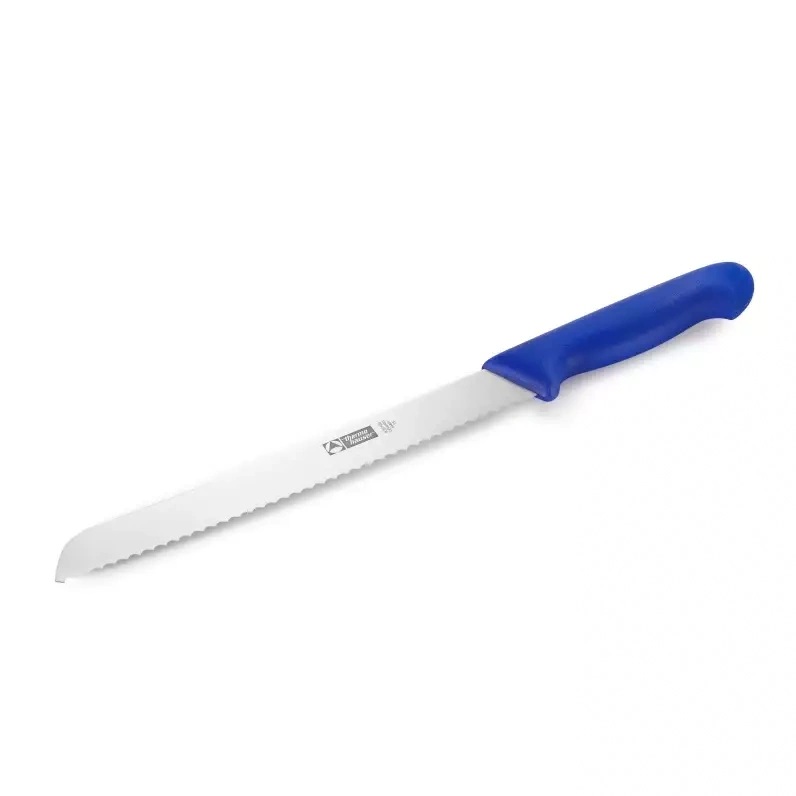[40285] Brødkniv, 21cm, rustfrit stål, savtakket på én side, blåt plastgreb, Thermohauser, (1 stk.)