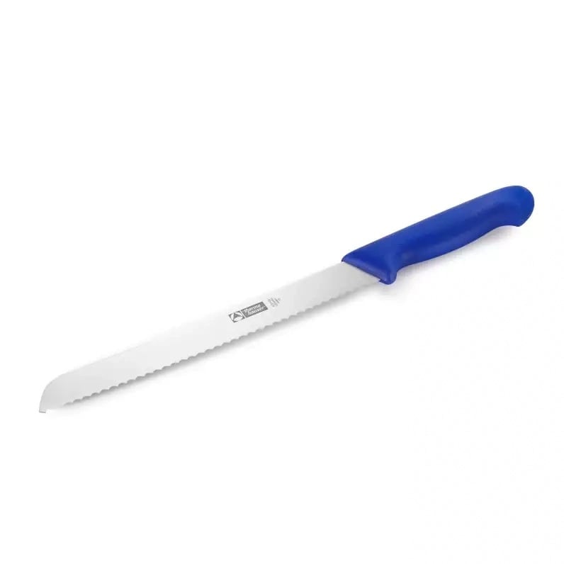 [40286] Brødkniv, 24cm, rustfrit stål, savtakket på én side, blåt plastgreb, Thermohauser, (1 stk.)
