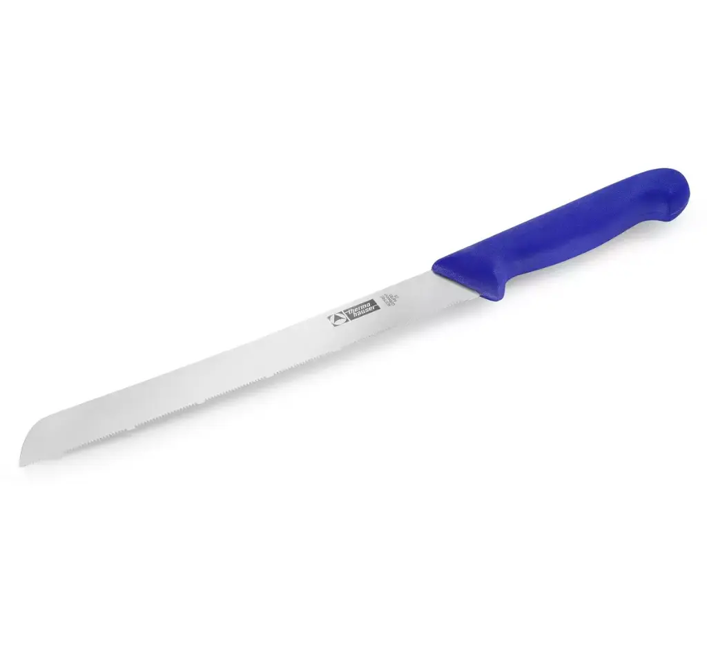 [40287] Brødkniv, 21cm, rustfrit stål, én-sidet savslibning, blåt plastgreb, Thermohauser, (1 stk.)