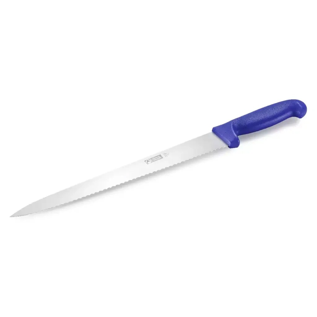 Kagekniv / køkkenkniv, 31cm, rustfrit stål, savtakket på én side, blåt plastgreb, Thermohauser, (1 stk.)