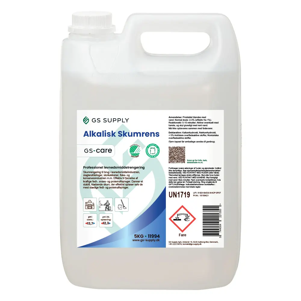 [11994] Alkalisk skumrens, GS-Care, til fødevareindustrien og storkøkkener m.m., Svanemærket, ph-14, 5L, (1 stk.)